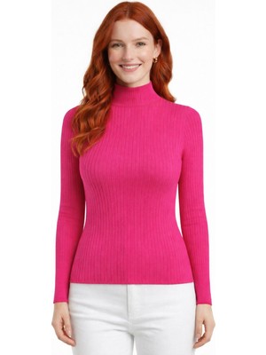 Neden Tekstil Fuşya Yarım Balıkçı Yaka Polyester Karışımlı Fitilli Kazak