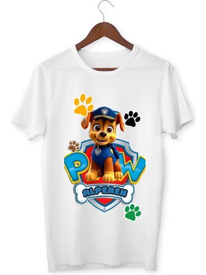 Alpşan Ticaret Isme Özel Paw Patrol Chase Baskılı Çocuk/yetişkin Tişörtü Beyaz Kısa Kollu