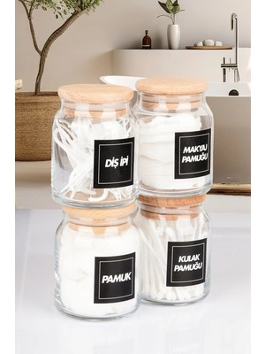 Nyl Home 4'lü Ahşap Vakumlu Kapaklı Kulak Pamuğu Makyaj Pamuğu Diş Ipi ve Pamuk Kavanozu 300 ml