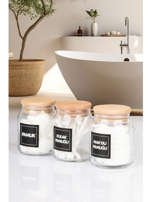 Nyl Home 3'lü Ahşap Vakumlu Kapaklı Kulak Pamuğu Makyaj Pamuğu ve Pamuk Kavanozu 300 ml