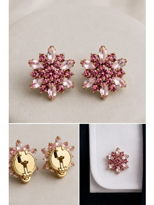 Modex Pembe Kristal Taşlı Çiçek Tasarımlı Gömlek Kol Düğmesi Broş (2 Cm)