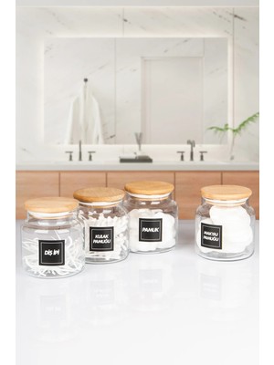 Nyl Home 4'lü Ahşap Vakumlu Kapaklı Kulak Pamuğu Makyaj Pamuğu Diş Ipi ve Pamuk Kavanozu Cam 500 ml