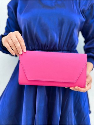 She Poly Kadın Saten Fuşya Abiye Clutch Portföy El Gece Düğün Çantası