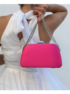 She Poly Kadın Saten Fuşya Abiye Clutch Portföy Zincir Askılı El Düğün Nişan Gece Omuz Çantası