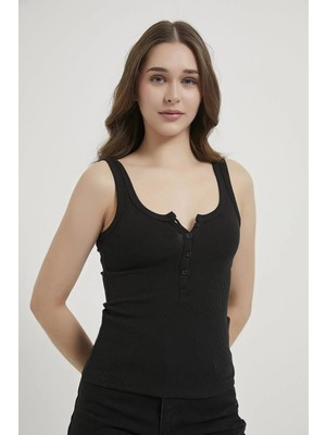 Tena Kadın Siyah Önü Düğmeli Kalın Askılı Kaşkorse Body
