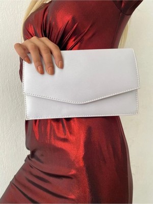 She Poly Saten Gümüş Abiye Çanta Clutch Portföy Askılı Omuz ve El Çantası 2023