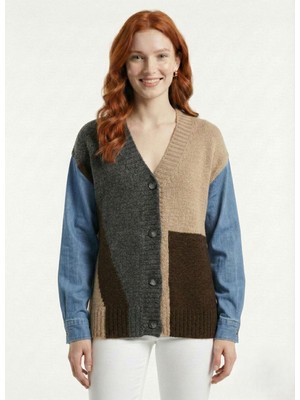 Neden Tekstil Denim Kol Detaylı Renk Bloklu V Yaka Triko Kadın Hırka