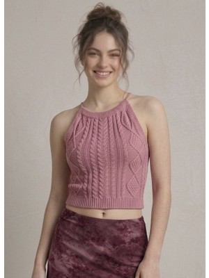 Neden Tekstil Kadın Triko Örme Halter Yaka Crop Bluz