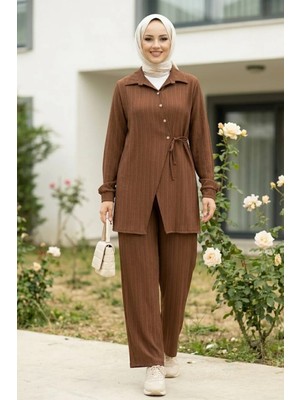 Harma Time Butik Kadın Düğmeli Kuşaklı  Çilek Kumaş Tunik Pantolon Kahverengi  Ikili Takım