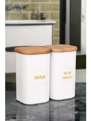 Nyl Home 2'li Ahşap Kapaklı Beyaz Kulak Pamuğu, Pamuk, Makyaj Pamuğu, Diş Ipi Kavanozu Akrilik