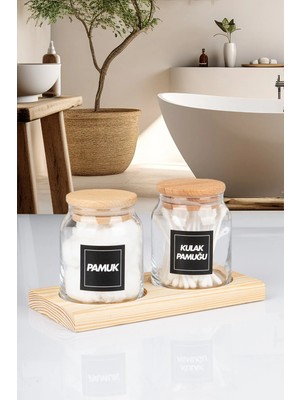 Nyl Home 2'li Ahşap Stantlı Ahşap Vakumlu Kapaklı Kulak Pamuğu ve Pamuk Kavanozu 300 ml