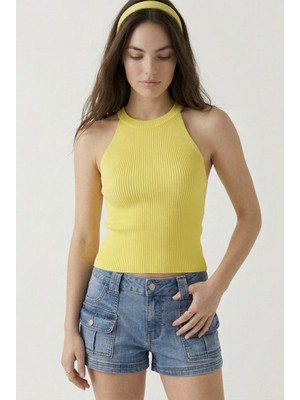 Neden Tekstil Kadın Fitilli Halter Yaka Crop Bluz