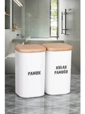 Nyl Home 2'li Doğal Ahşap Vakumlu Kapaklı Porselen Görünümlü Akrilik Pamuk, Kulak Pamuğu Seti