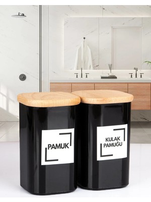 Nyl Home 4'lü Doğal Ahşap Vakumlu Kapaklı Siyah Model Akrilik Pamuk Kulak Pamuğu Makyaj Pamuğu Diş Ipi Seti