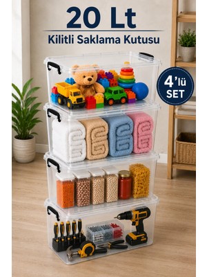 Nyl Home 4'lü Set 20 Lt Kilitli Saklama Kutusu Çok Amaçlı Düzenleyici Kiler Erzak Hırdavat Oyuncak Organizer