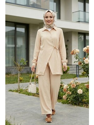 Harma Time Butik Kadın Düğmeli Kuşaklı  Çilek Kumaş Tunik Pantolon Krem Ikili Takım