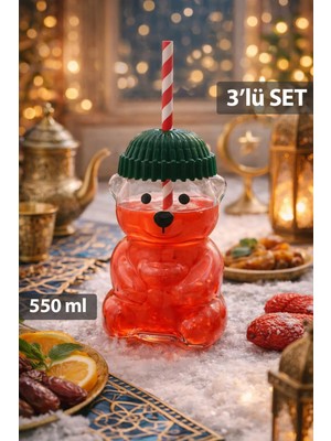 Nyl Home 3'lü Barista Ayıcık Tasarım Cam Pipetli Soğuk Içecek Kahve Bardağı - Yeşil Şapkalı Bear Bardak 550ML