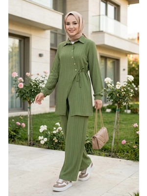 Harma Time Butik Kadın Düğmeli Kuşaklı  Çilek Kumaş Tunik Pantolon Haki Ikili Takım