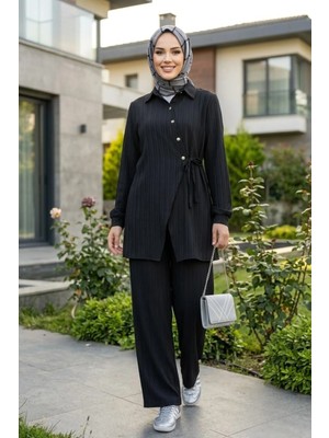Harma Time Butik Kadın Düğmeli Kuşaklı  Çilek Kumaş Tunik Pantolon Siyah  Ikili Takım
