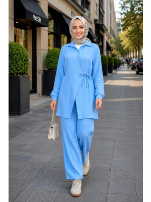 Harma Time Butik Kadın Düğmeli Kuşaklı  Çilek Kumaş Tunik Pantolon Mavi Ikili Takım