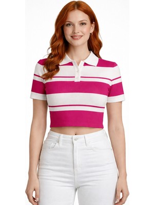 Neden Tekstil Çizgili Polo Yaka Düğmeli Triko Crop Bluz