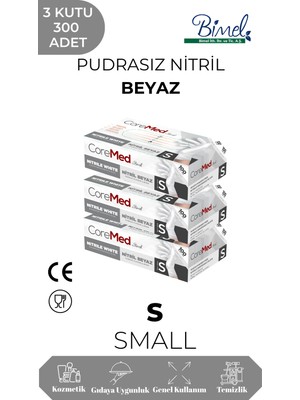 CoreMed Nitril Beyaz Muayene Eldiveni S - 3 Paket 100 lü