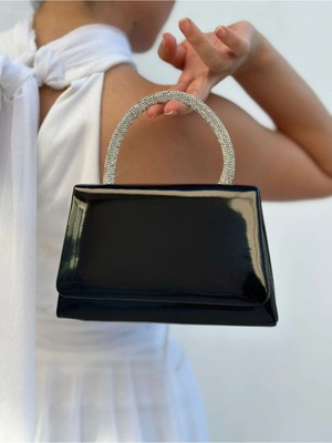 She Poly Kadın Rugan Siyah  Abiye Clutch Portföy Zincir Askılı El Düğün Nişan Gece Omuz Çantası