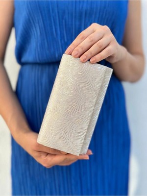 She Poly Kadın Dalgalı Altın  Abiye Clutch Portföy Zincir Askılı El Düğün Nişan Gece Omuz Çantası