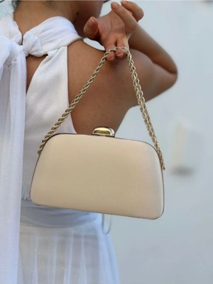 She Poly Kadın Saten Ten Abiye Clutch Portföy Zincir Askılı El Düğün Nişan Gece Omuz Çantası