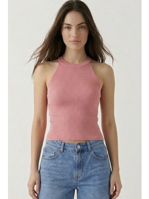Neden Tekstil Kadın Fitilli Halter Yaka Crop Bluz