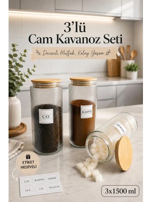 Nyl Home 3'lü Mutfak Düzenleyici Etiketli 1300 cc Vakumlu Vakumlu Kapaklı Cam Kavanoz Cam
