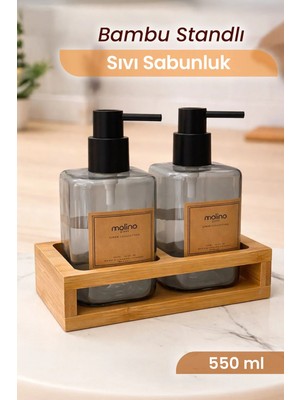 Nyl Home 2'li Cam Sıvı Sabunluk Seti - Dekoratif Ahşap Standlı Banyo & Mutfak Düzenleyici Sabunluk
