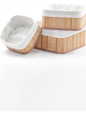 Nyl Home 3'lü Bambu Sepet Naturel Astarlı Çok Amaçlı Saklama Kutusu - Banyo Kozmetik Mutfak Dolap Organizeri