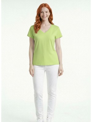Neden Tekstil Kadın V Yaka Kısa Kollu Basic T-Shirt - Yeşil
