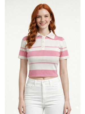 Neden Tekstil Çizgili Polo Yaka Düğmeli Triko Crop Bluz