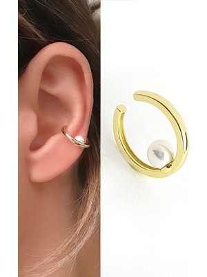 Ose Shop 925 Ayar Gümüş Üzerine Altın Kaplama Inci Detaylı Kıkırdak Sıkıştırmalı Küpe