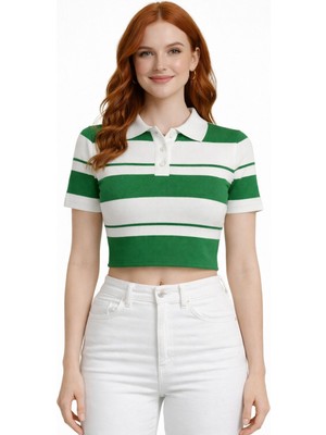 Neden Tekstil Çizgili Polo Yaka Düğmeli Triko Crop Bluz
