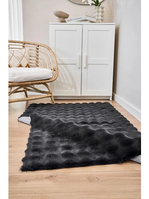 GÜLCEM HOME Antrasit Yumuşak Bubble Kaymaz Özel Taban Peluş Halı Yolluk