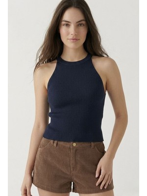 Neden Tekstil Kadın Fitilli Halter Yaka Crop Bluz