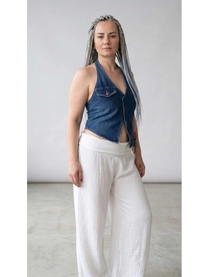 Byemelika Sırt Dekolteli, Boyundan Geçirmeli, Denim Yazlık Yelek (Mavi)