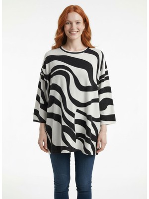 Neden Tekstil Oversize Siyah Beyaz Desenli Kadın Triko Bluz