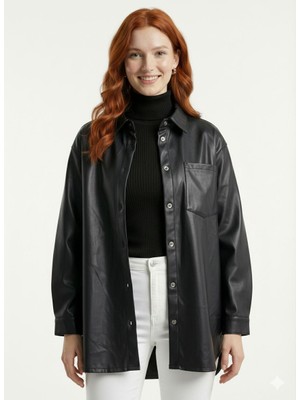Neden Tekstil Kadın Siyah Deri Oversize Gömlek Ceket