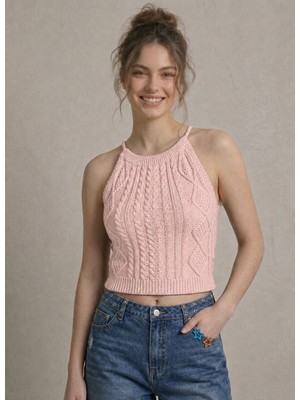 Neden Tekstil Kadın Triko Örme Halter Yaka Crop Bluz