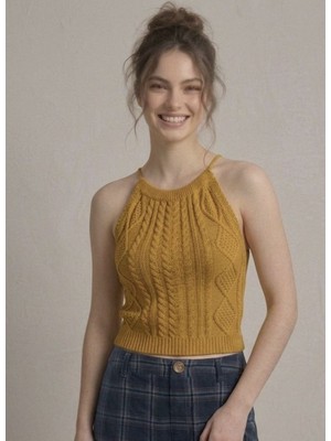 Neden Tekstil Kadın Triko Örme Halter Yaka Crop Bluz