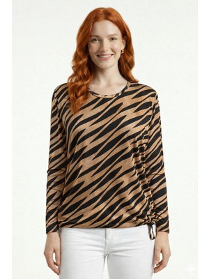 Neden Tekstil Kadın Siyah Kahverengi Zebra Desenli Uzun Kollu Bluz