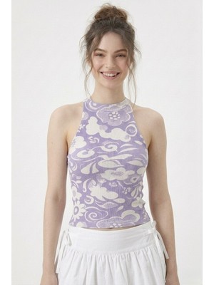 Neden Tekstil Kadın Fitilli Baskılı Halter Yaka Crop Bluz