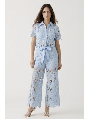 Neden Tekstil Bohem Pamuk Dantel İşlemeli Crop Gömlek Pantolon Takım