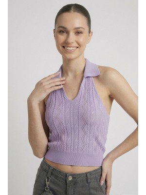 Neden Tekstil Kadın Polo Yaka Sırt Dekolteli Crop Bluz