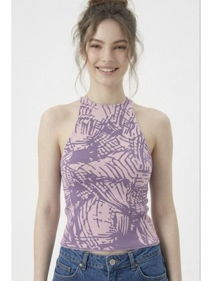 Neden Tekstil Kadın Fitilli Çizgi Baskılı Halter Yaka Crop Bluz