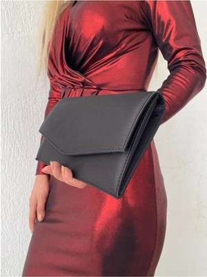 She Poly Saten Siyah Abiye Çanta Clutch Portföy Askılı Omuz ve El Çantası 2023